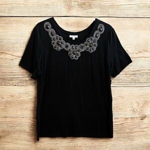 FASHION BUG Black Short Sleeve Beaded & Embroidered Neck Tunic Top size 1X NWOT